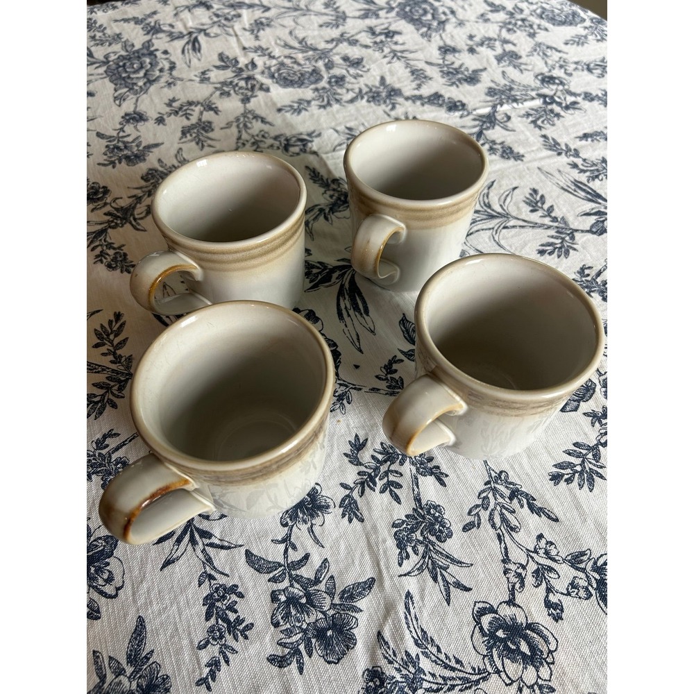 Noritake Stoneware Coffee‎ Mugs Set of 4 Cream Tan Brown Banded Japan MCM Retro